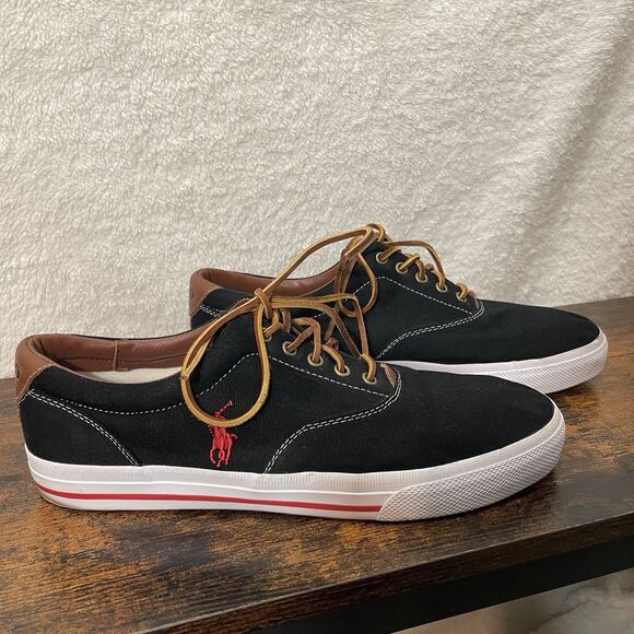 Polo Ralph Lauren Vaughn Mens Shoes 13D Black Canvas Leather Lace Preppy Low Top - Picture 3 of 16